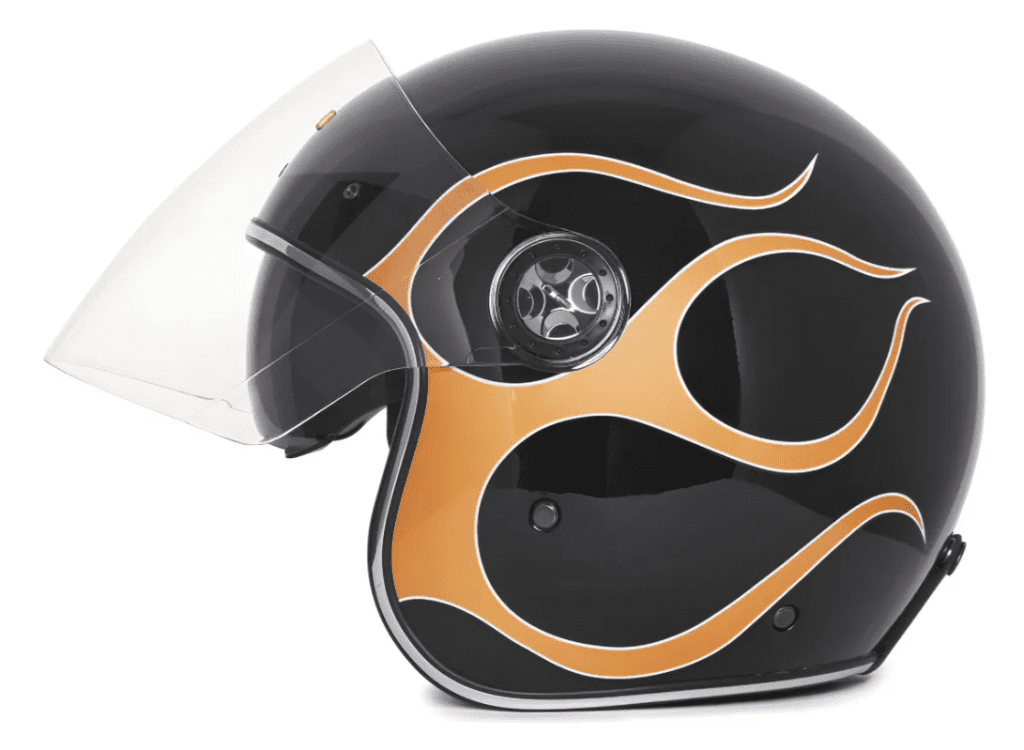 Capacete de motocicleta preto com chamas laranjas e viseira transparente