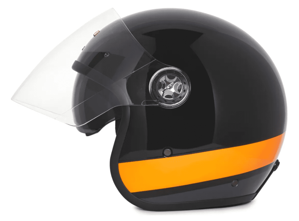 Capacete de motocicleta preto e laranja com viseira transparente